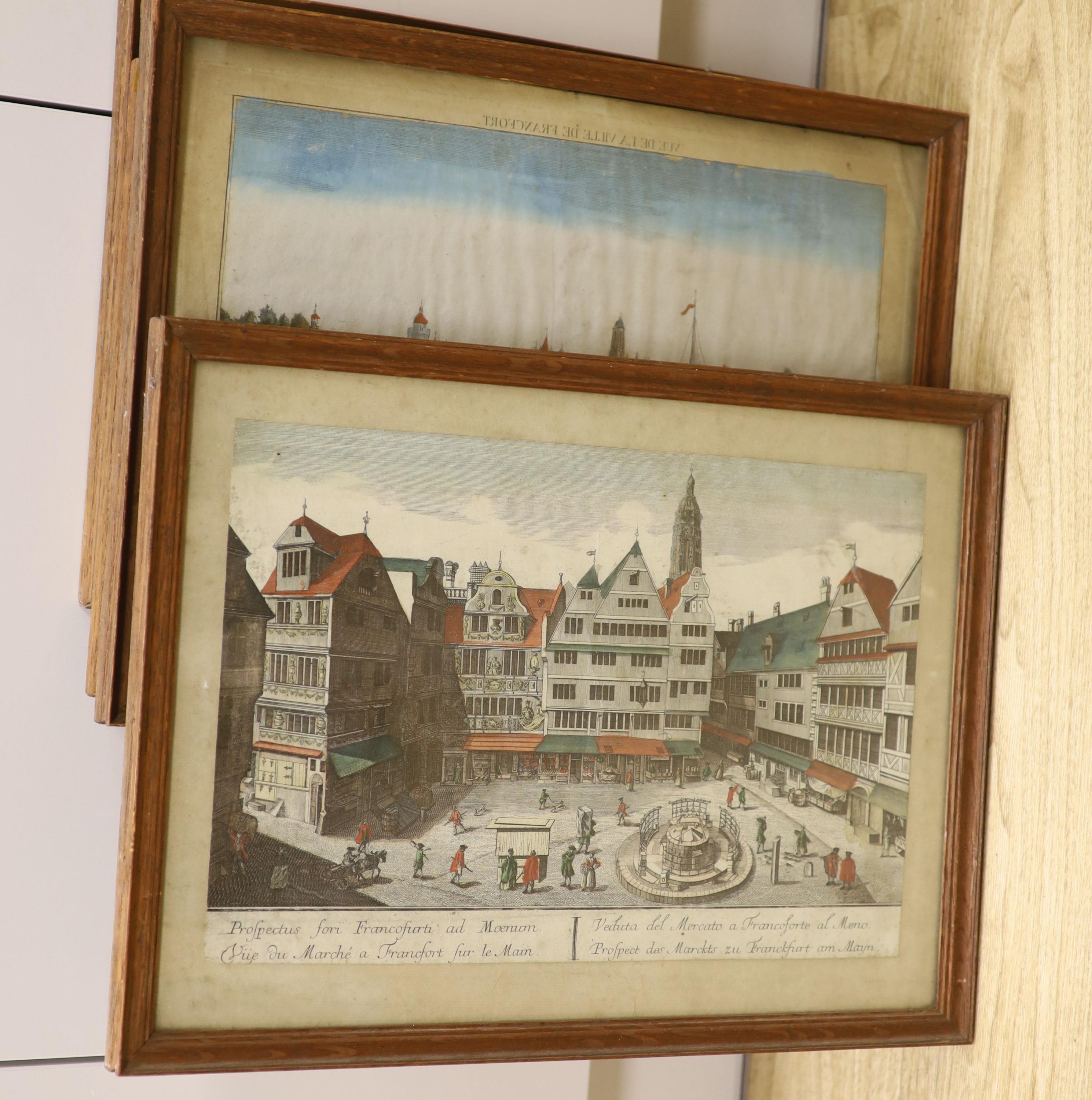 Five 18th century coloured engravings, Views of Frankfurt and other cities, largest 27 x 41cm